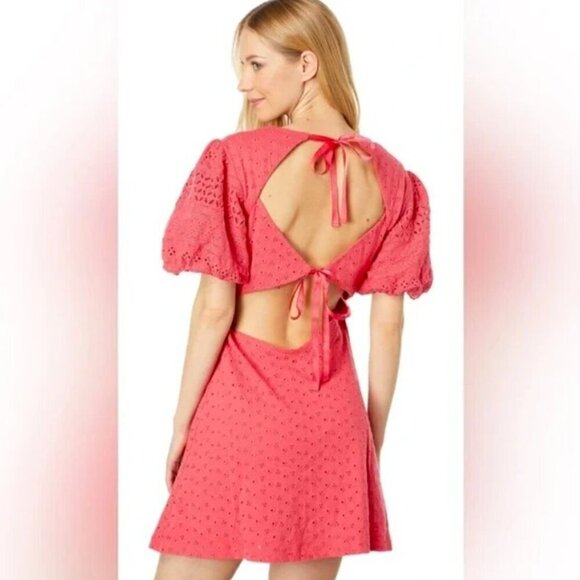 FREE PEOPLE Apricot Rose Mini Dress STRAWBERRY SPRITZ PINK size L Puff Sleeve - Picture 7 of 10